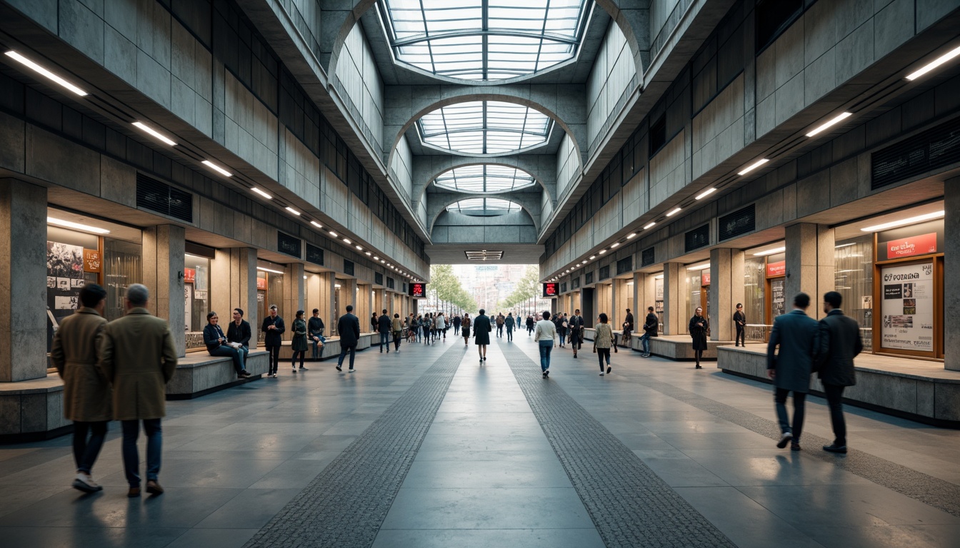 Prompt: Urban metro station, modern fa\u00e7ade design, minimalist architecture, clean lines, simple shapes, industrial materials, exposed concrete walls, metal beams, glass canopies, LED lighting, futuristic atmosphere, busy pedestrian traffic, rush hour scenery, abstract geometric patterns, neutral color palette, urban vibes, shallow depth of field, 1/1 composition, symmetrical framing, soft natural light, subtle reflections.