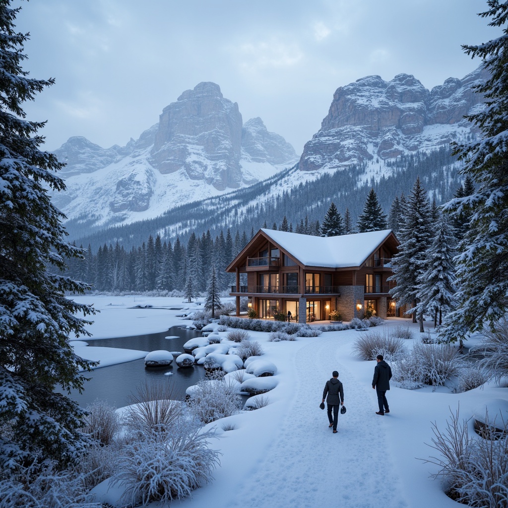 Prompt: Snow-capped mountains, frozen lakes, icy slopes, ski lifts, wooden chalets, rustic architecture, stone fireplaces, warm cozy interiors, natural wood textures, earthy color palette, ambient lighting, misty mornings, frosty air, snowflakes gently falling, modern ski equipment, vibrant colorful accents, functional minimalism, eco-friendly materials, sustainable design solutions.