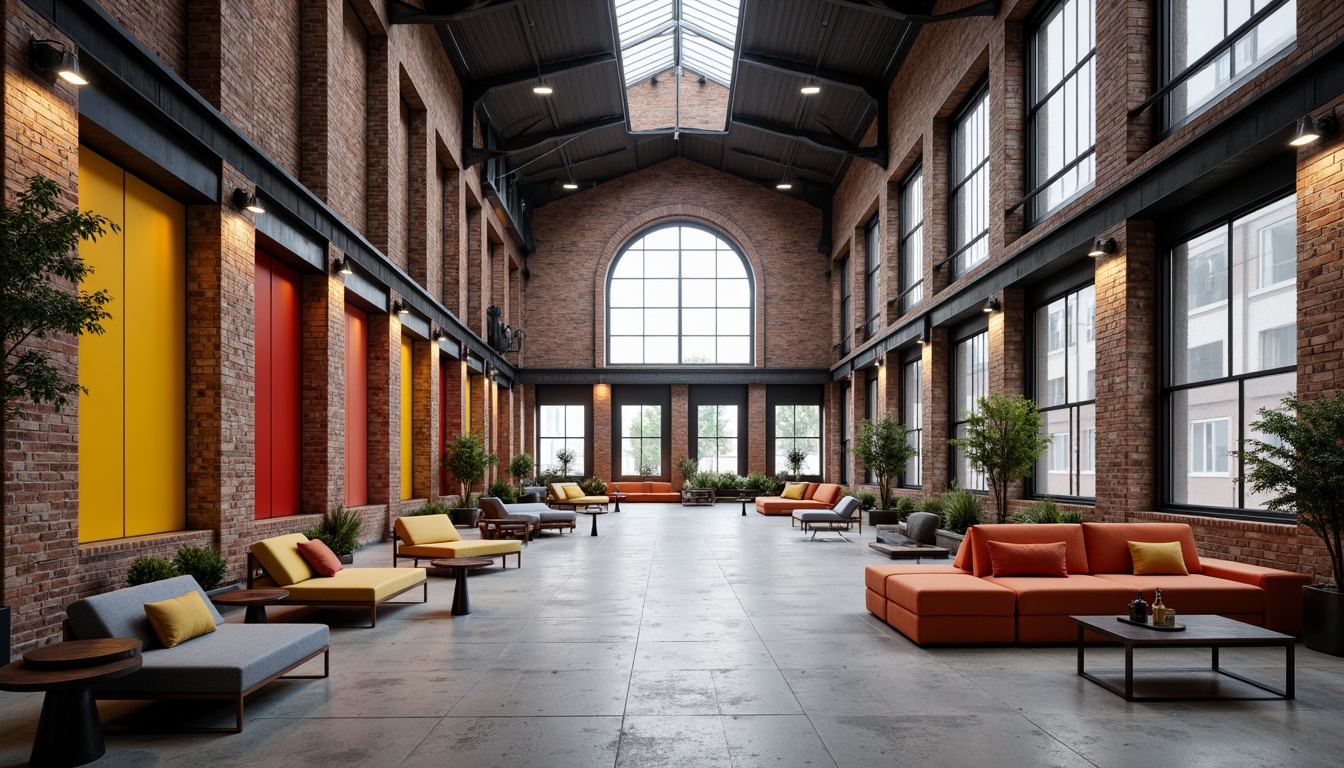 Prompt: Industrial-era factory, exposed brick walls, steel beams, concrete floors, minimalist decor, functional furniture, bold color accents, geometric patterns, natural light, large windows, metal frames, simplicity emphasis, clean lines, minimal ornamentation, functionality focus, raw material expression, brutalist architecture, modernist influences, De Stijl echoes, Weimar Republic era, early 20th century aesthetic, urban industrial landscape, cloudy day, soft diffuse lighting, shallow depth of field, 2/3 composition, symmetrical framing.