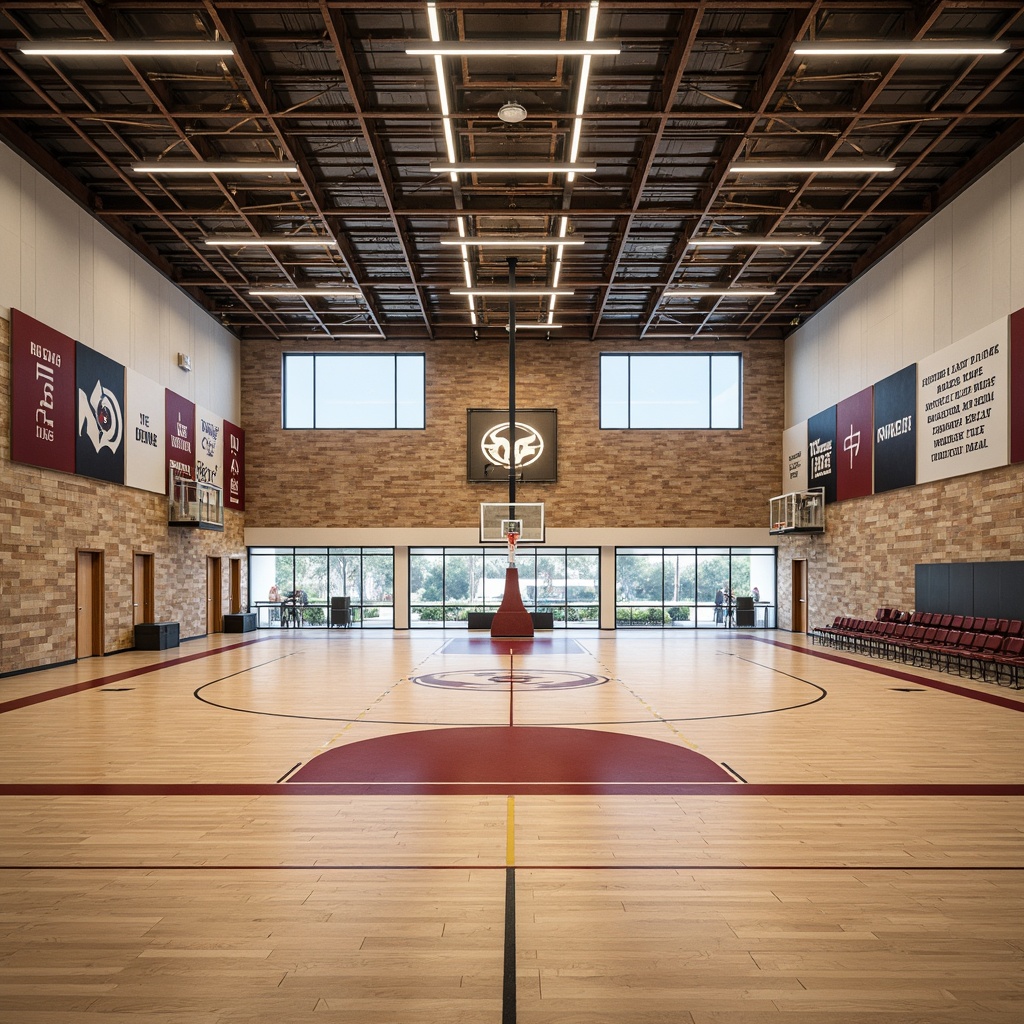 Prompt: Large gymnasium interior, high ceilings, exposed ductwork, polished wooden floors, natural stone walls, floor-to-ceiling windows, abundant daylight, soft diffused lighting, athletic equipment, basketball hoops, tennis courts, running tracks, bleacher seats, motivational quotes, vibrant colors, dynamic architecture, modern design elements, minimal ornamentation, functional spaces, warm atmosphere, shallow depth of field, 1/1 composition, realistic textures, ambient occlusion.