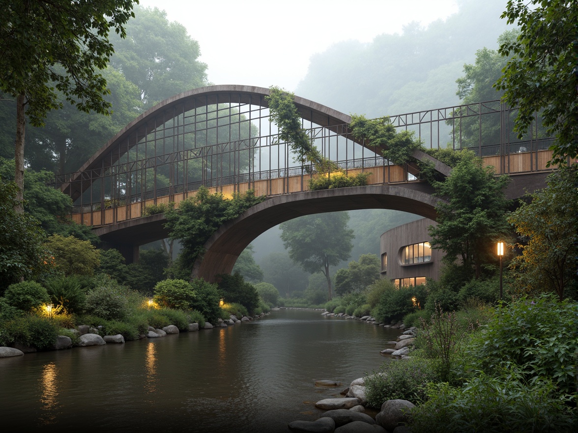 Prompt: Curved bridge silhouette, organic shapes, natural stone materials, reclaimed wood accents, lush greenery, vines crawling up pillars, soft warm lighting, misty atmosphere, serene water reflections, river flowing underneath, eco-friendly construction methods, minimal environmental impact, solar-powered lighting systems, wind turbine generators, recycled metal structures, living walls with integrated planters, airy openings for natural ventilation, 3/4 composition, shallow depth of field, panoramic view.