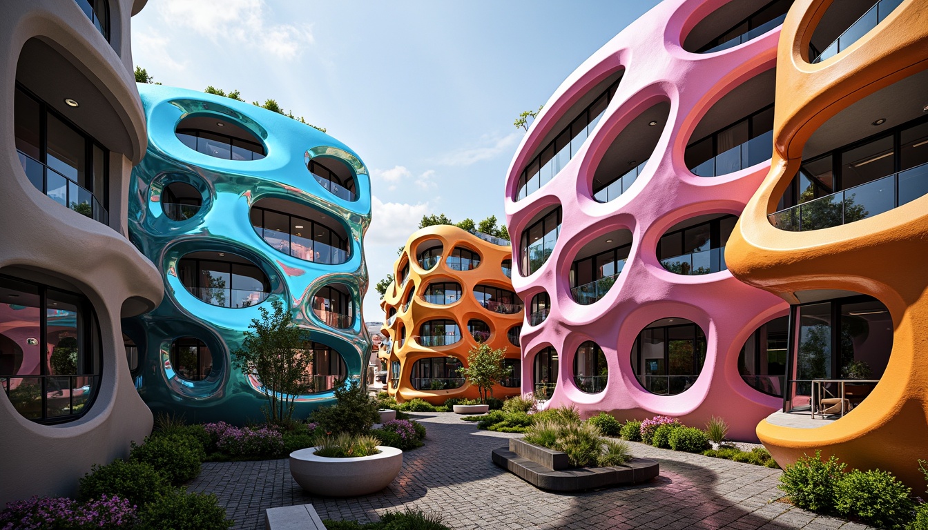 Prompt: Organic blob-like buildings, undulating facades, vibrant color schemes, glossy metallic surfaces, reflective glass accents, wavy lines, futuristic architecture, curvaceous structures, avant-garde design, experimental forms, fluid shapes, dynamic volumes, irregular silhouettes, bold architectural statements, dramatic lighting effects, atmospheric misting systems, lush green roofs, thriving vegetation integration.