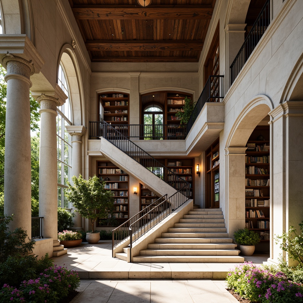 Prompt: Grandiose library facade, classical columns, ornate details, limestone walls, rustic brick accents, majestic entrance, sweeping arches, grand staircase, elegant lanterns, rich wood tones, comfortable reading nooks, floor-to-ceiling bookshelves, natural stone floors, soft warm lighting, shallow depth of field, 3/4 composition, panoramic view, realistic textures, ambient occlusion, vibrant greenery, blooming flowers, sunny day, educational signage, modern academic atmosphere.