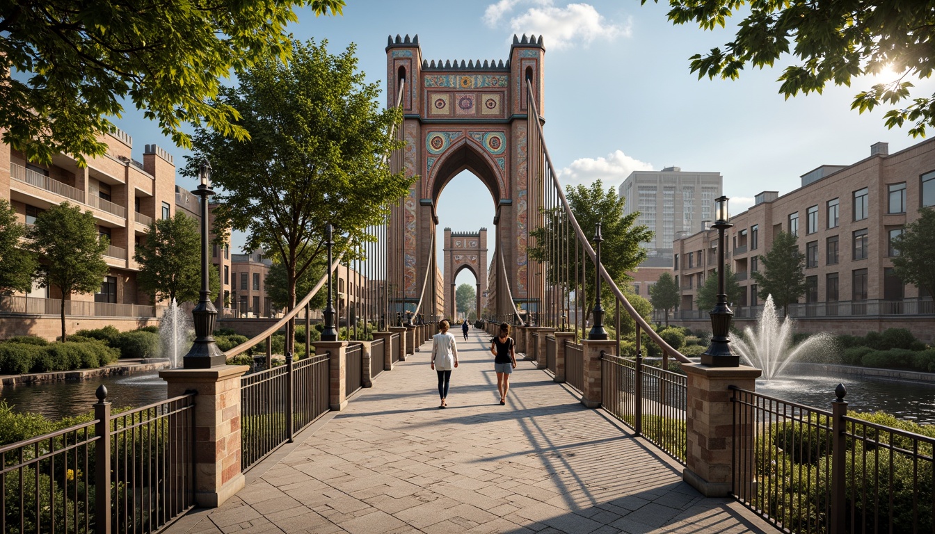 Prompt: Elegant bridge, eclectic mix of materials, ornate metal railings, grand arches, majestic stone piers, vibrant colorful tiles, intricate mosaics, ornamental lighting fixtures, lush greenery, flowing water features, gentle misting systems, warm sunny day, soft natural lighting, shallow depth of field, 1/1 composition, realistic textures, ambient occlusion.