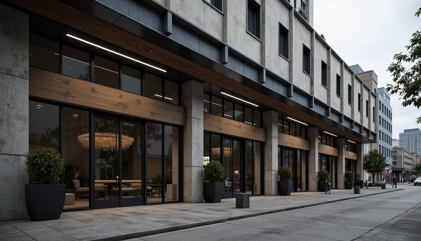 Prompt: Industrial chic building facade, exposed concrete walls, metallic beams, polished steel columns, sleek glass windows, minimalist door handles, reclaimed wood accents, brutalist-inspired textures, urban cityscape, overcast sky, dramatic shadows, high-contrast lighting, 1-point perspective composition, cinematic atmosphere, gritty realistic render.