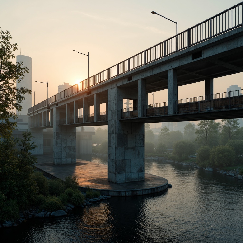 Prompt: Vibrant steel bridge, industrial urban landscape, misty foggy atmosphere, warm golden lighting, modern minimalist design, sleek metal railings, bold structural lines, weathered concrete pillars, rustic stone foundations, serene river waters, lush greenery surroundings, natural earth tones, muted blue-grey hues, soft warm sunset light, shallow depth of field, 3/4 composition, realistic textures, ambient occlusion.