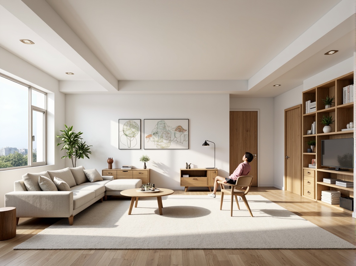 Prompt: Minimalist open-plan living area, functional zones, optimized furniture arrangement, sleek storage solutions, compact appliances, space-saving shelving units, ergonomic seating, task-oriented workstations, ample natural light, airy atmosphere, pastel color palette, subtle textures, 1/1 composition, softbox lighting, realistic reflections.