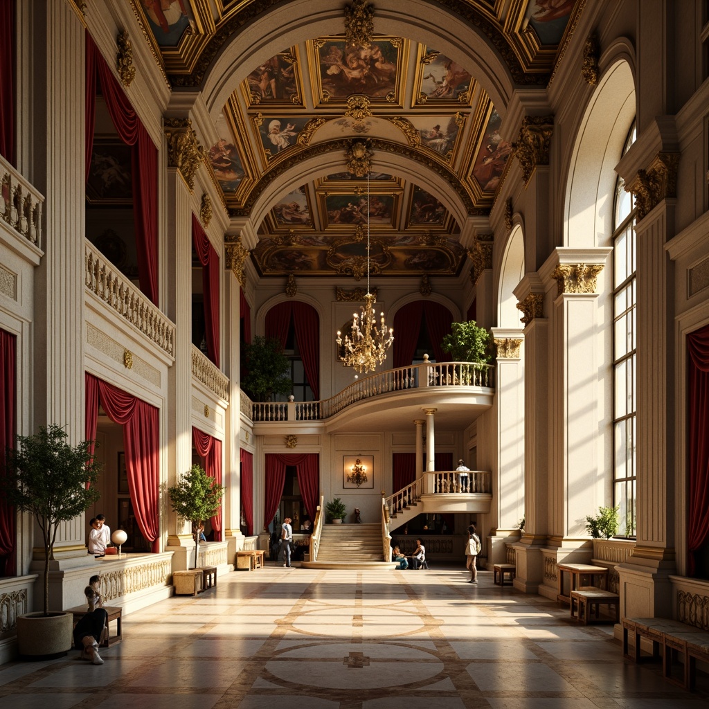 Prompt: Ornate Baroque palace, grandiose columns, intricate stone carvings, gilded details, rich marble floors, ornamental frescoes, dramatic chandeliers, lavish velvet drapes, regal throne rooms, majestic staircases, warm golden lighting, soft shadows, 1/2 composition, symmetrical framing, realistic textures, ambient occlusion, earthy tone palette, warm beige walls, cool grey stone, rich burgundy accents, metallic gold highlights, soft cream ornate details.