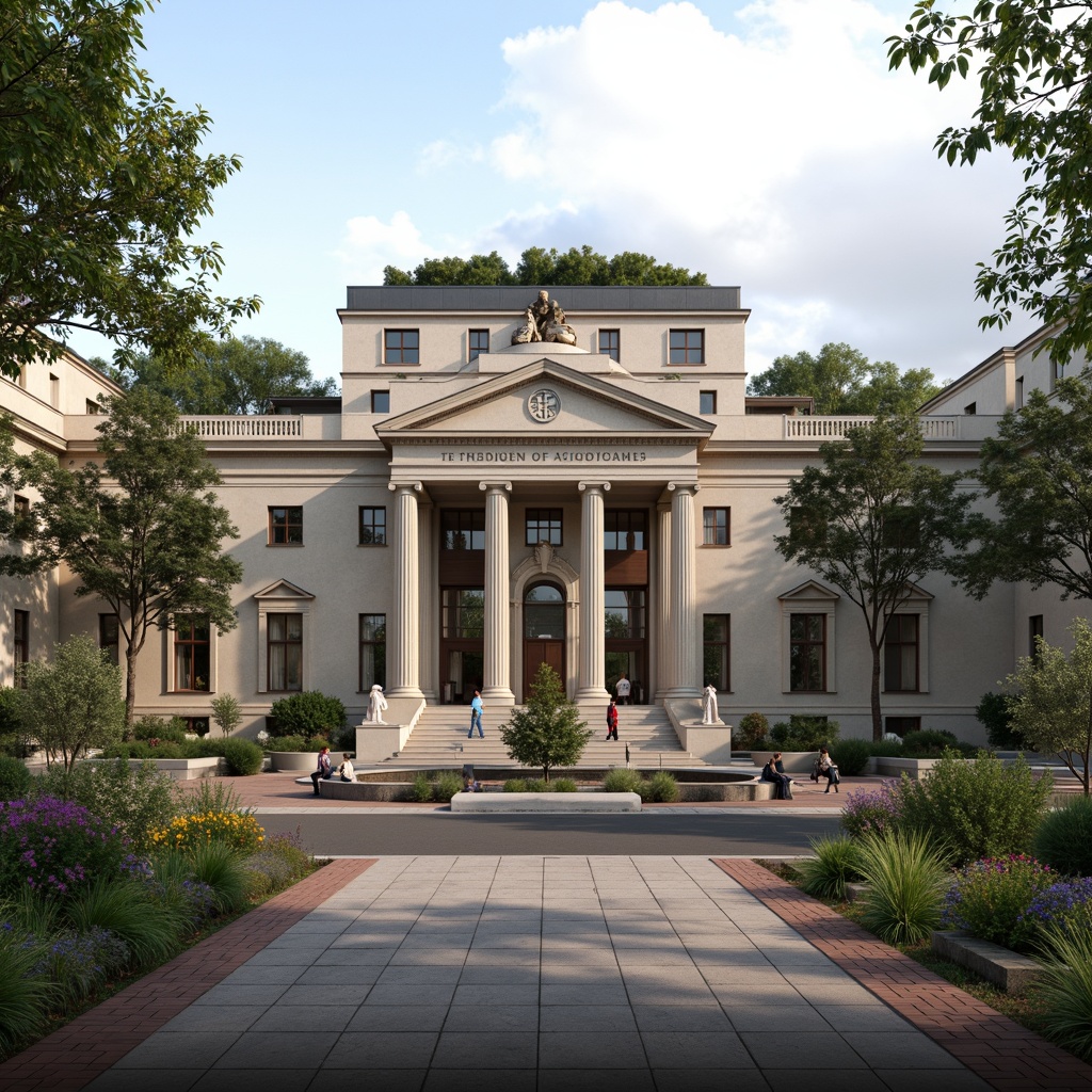 Prompt: Courthouse facade, neoclassical architecture, grand entrance, symmetrical composition, majestic columns, ornate details, natural stone walls, green roof integration, lush vegetation, seasonal flower blooms, tranquil water features, walking paths, public plaza, urban landscape, morning mist, soft warm lighting, shallow depth of field, 3/4 composition, realistic textures, ambient occlusion.