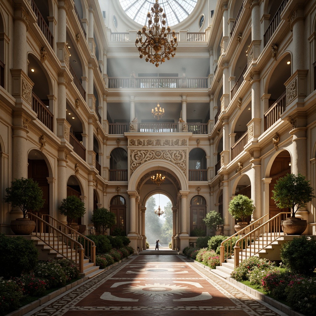 Prompt: Grandiose palace, symmetrical fa\u00e7ade, ornate decorations, gilded details, imposing central dome, sweeping arches, dramatic lighting, intricate stone carvings, lavish fountains, manicured gardens, majestic staircases, opulent chandeliers, richly patterned marble floors, ornamental balconies, subtle color palette, soft warm illumination, atmospheric mist, 1/1 composition, centralized perspective, realistic textures, ambient occlusion.