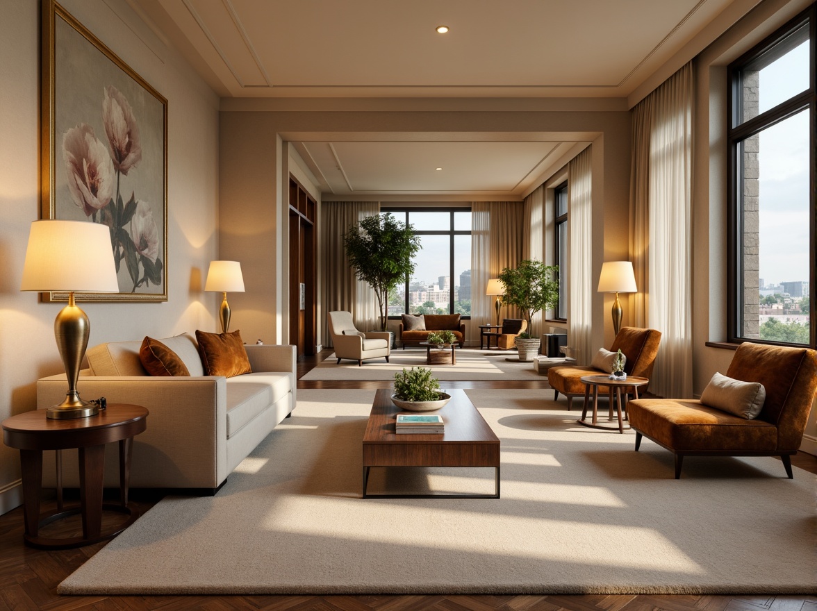 Prompt: Luxurious living room, plush sofas, velvet armchairs, wooden coffee tables, elegant floor lamps, soft cream-colored carpets, warm beige walls, large windows, natural light, cozy atmosphere, comfortable seating arrangement, stylish decor, minimalist design, metallic accents, ambient lighting, 3/4 composition, shallow depth of field, realistic textures, soft focus blur.