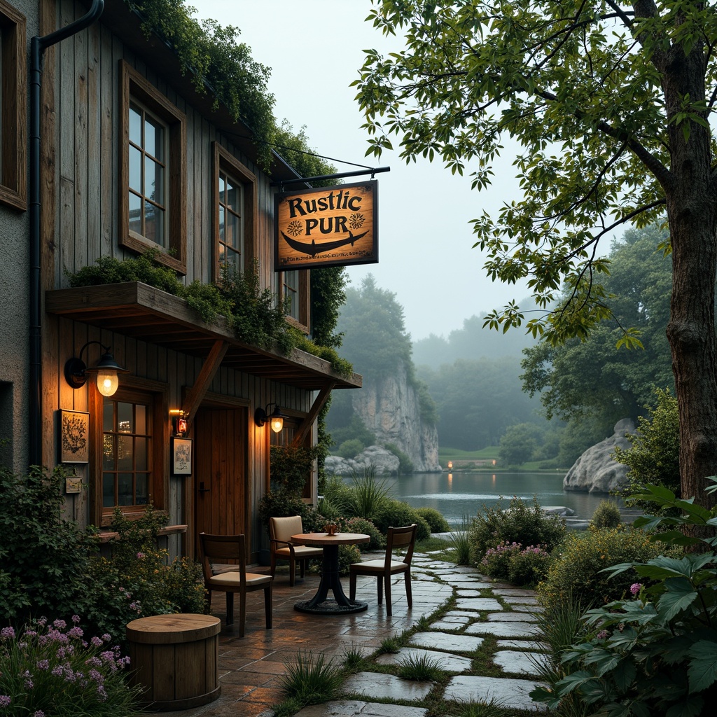 Prompt: Rustic pub, distressed wooden fa\u00e7ade, vintage signage, eclectic furniture, lush greenery, overgrown ivy, wildflowers, meandering stone pathways, natural rock formations, serene lake views, misty atmosphere, warm soft lighting, shallow depth of field, 1/1 composition, intimate close-ups, realistic textures, ambient occlusion, nostalgic color palette, earthy tones, weathered metal accents.