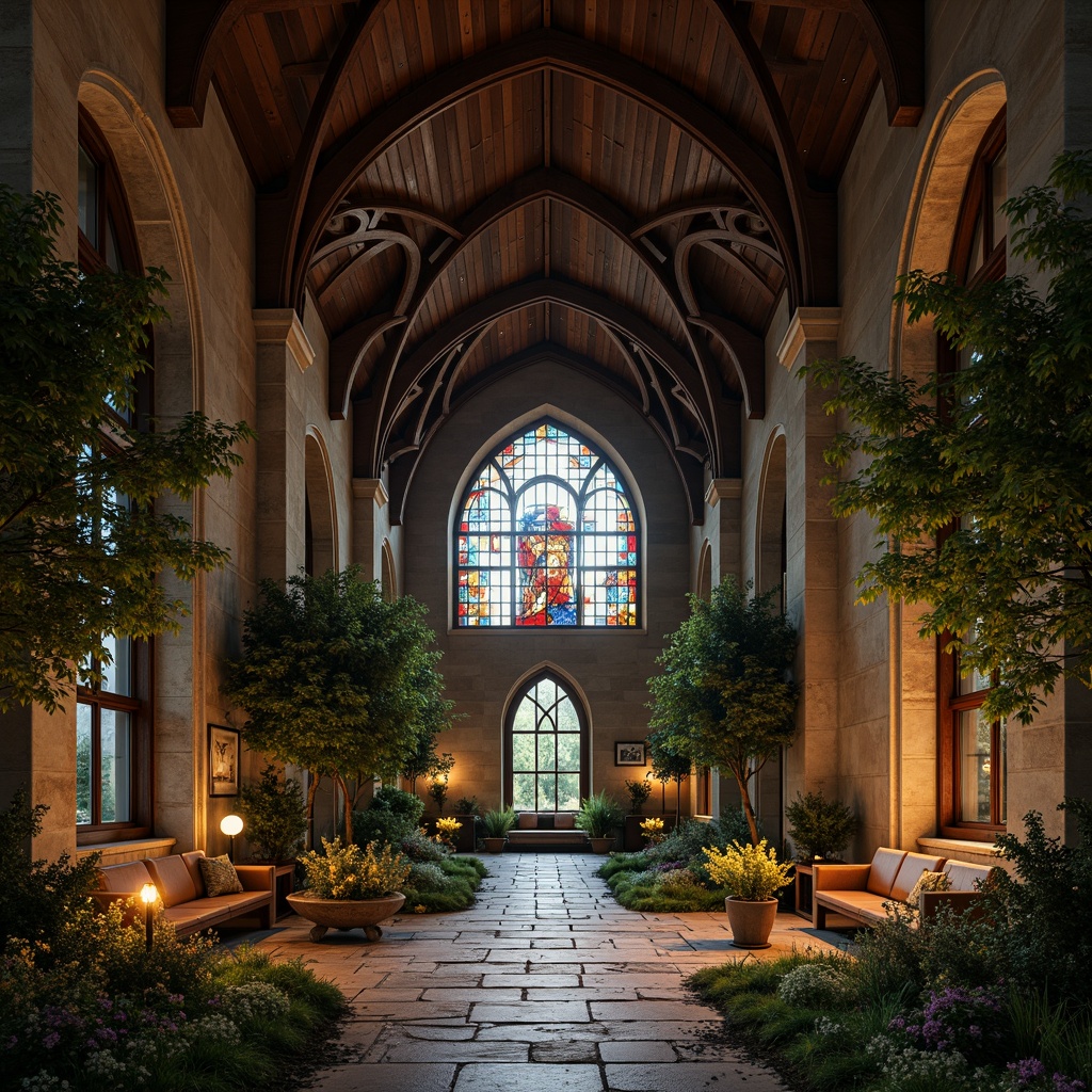 Prompt: Vaulted ceilings, grandiose arches, ornate columns, stained glass windows, mystical ambiance, candlelit atmosphere, intricate stone carvings, rough-hewn wooden beams, earthy tones, moss-covered walls, lush greenery, curved lines, organic shapes, flowing forms, natural materials, rustic textures, warm soft lighting, subtle shadows, 1/2 composition, close-up shots, realistic renderings, ambient occlusion.