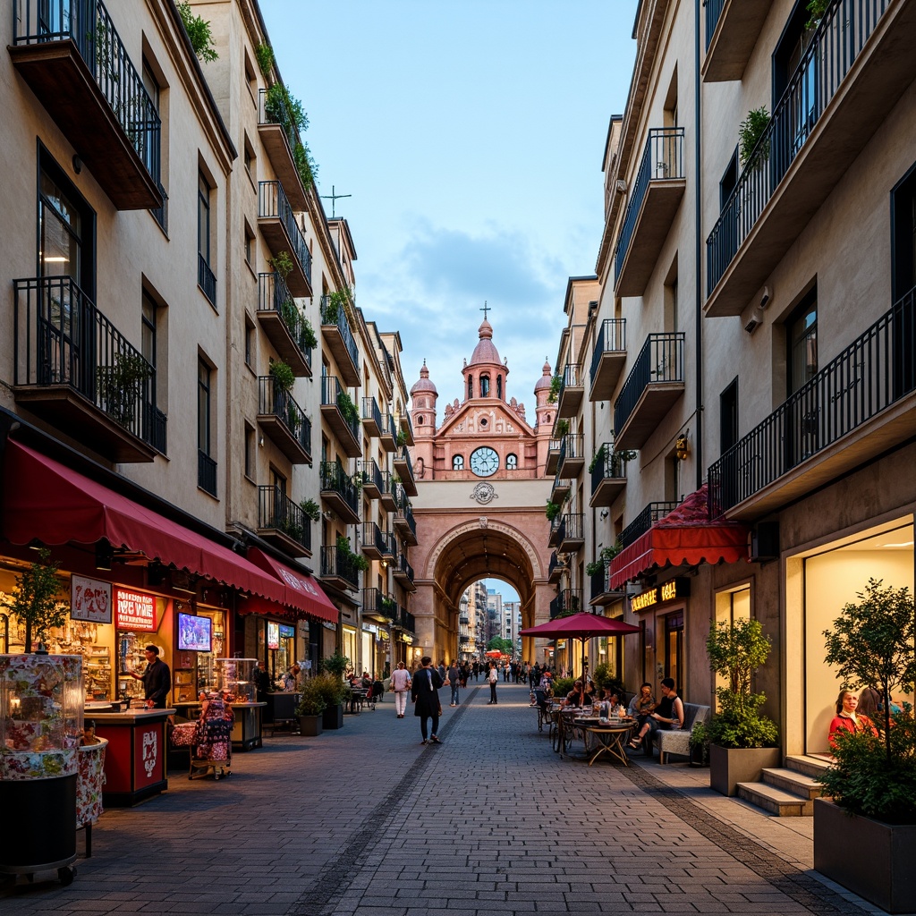 Prompt: Vibrant market square, ornate facades, eclectic mix of architectural styles, playful use of color and texture, intricate ironwork, decorative balconies, grand entrance archways, ornamental columns, bustling street life, lively atmosphere, warm evening lighting, shallow depth of field, 1/2 composition, realistic textures, ambient occlusion, historic preservation, modern twists on classical elements, bold typography, neon signs, eclectic vendor stalls, lively street performers.