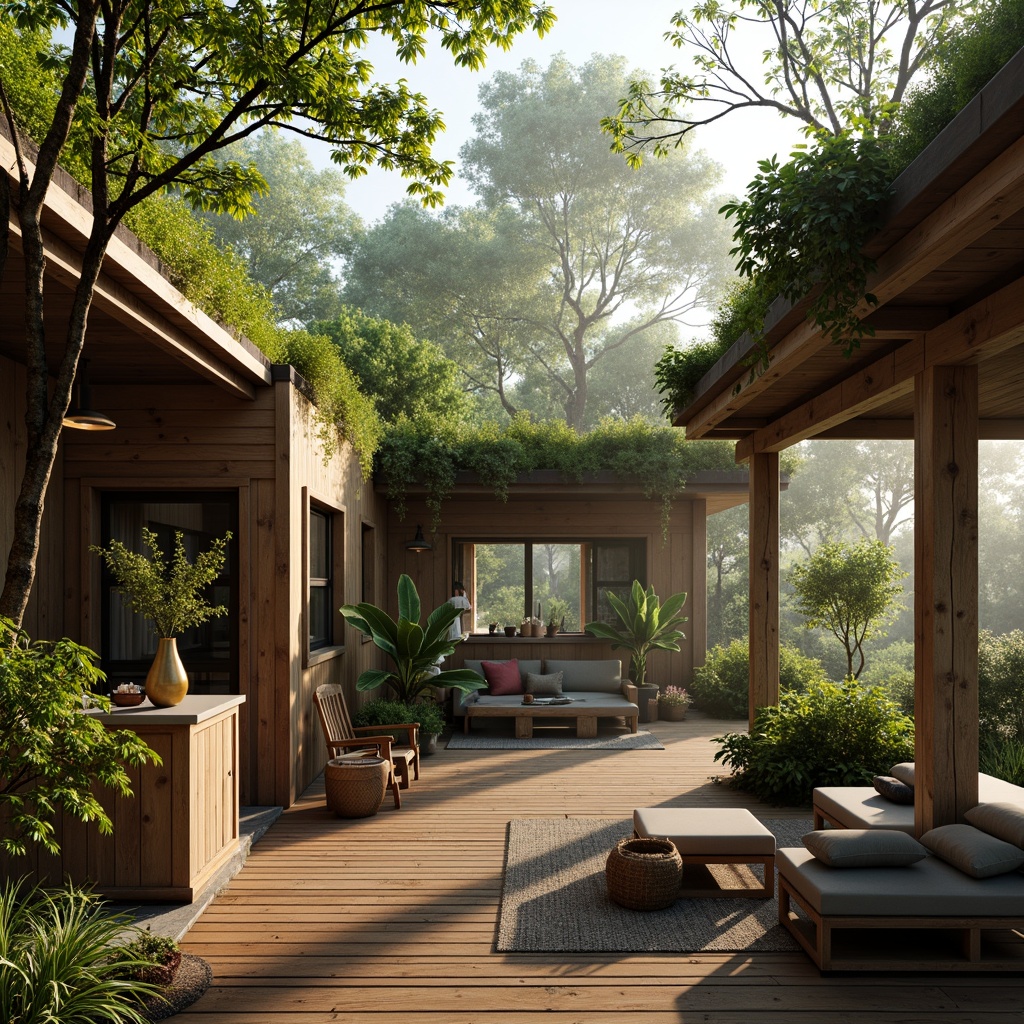 Prompt: Eco-friendly cabin, reclaimed wood accents, living roof, green walls, bamboo flooring, natural stone countertops, earthy color palette, organic textiles, rattan furniture, woven baskets, potted plants, serene forest surroundings, misty morning light, soft warm ambiance, shallow depth of field, 1/1 composition, realistic textures, ambient occlusion.