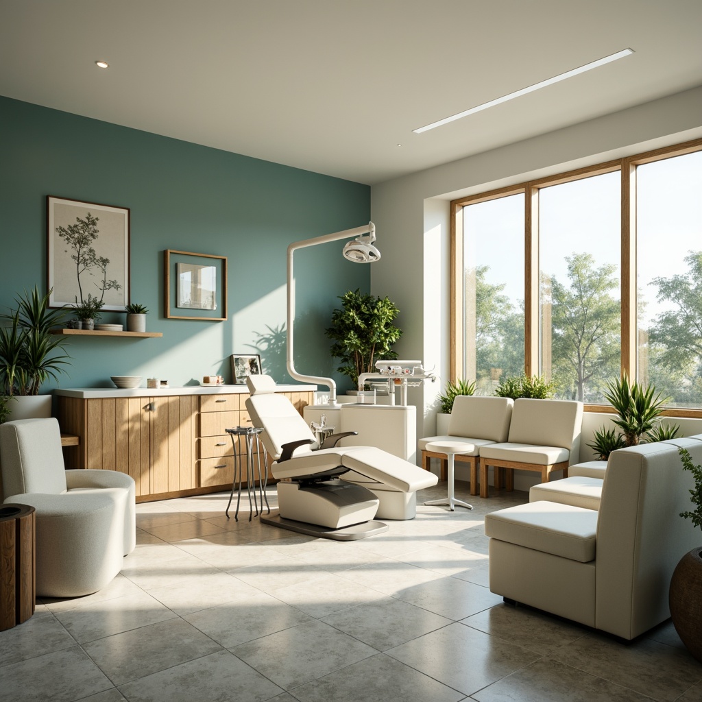 Prompt: Calming dental clinic, soothing blue-green walls, creamy white furniture, gentle wood accents, modern minimalist decor, sterile medical equipment, comfortable patient chairs, natural stone floors, large windows, warm soft lighting, shallow depth of field, 3/4 composition, realistic textures, ambient occlusion.