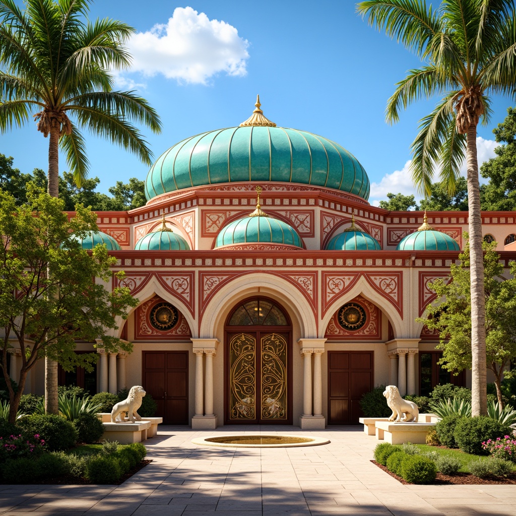 Prompt: Vibrant turquoise domes, warm golden mosaics, rich crimson archways, intricately patterned ceramic tiles, majestic stone lions, ornate bronze doors, lush greenery, exotic palm trees, sunny afternoon, soft warm lighting, shallow depth of field, 1/2 composition, realistic textures, ambient occlusion.