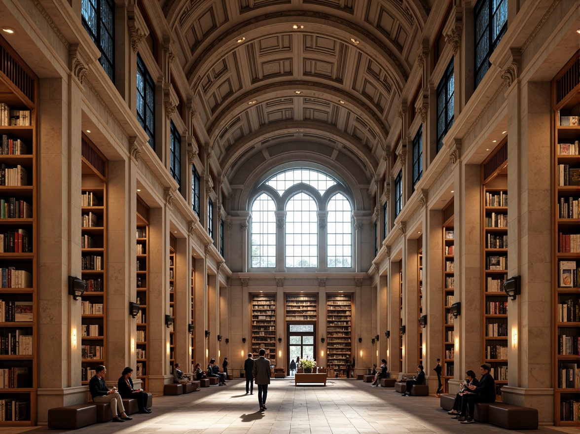 Prompt: Grandiose library facade, classical architectural style, ornate stone carvings, majestic columns, elegant arches, large windows, stained glass details, warm beige stone walls, academic atmosphere, quiet reading areas, comfortable seating, wooden bookshelves, natural light filtering, soft warm lighting, shallow depth of field, 1/2 composition, symmetrical view, realistic textures, ambient occlusion.