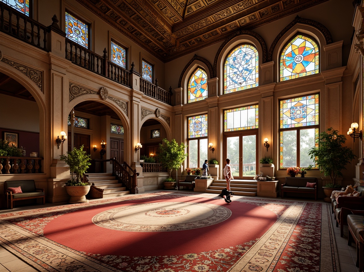 Prompt: Vibrant community center, stunning stained glass windows, ornate Baroque architecture, intricate stone carvings, grandiose entranceways, majestic vaulted ceilings, richly patterned rugs, lavish chandeliers, warm golden lighting, dramatic shadows, 1/1 composition, shallow depth of field, realistic textures, ambient occlusion.