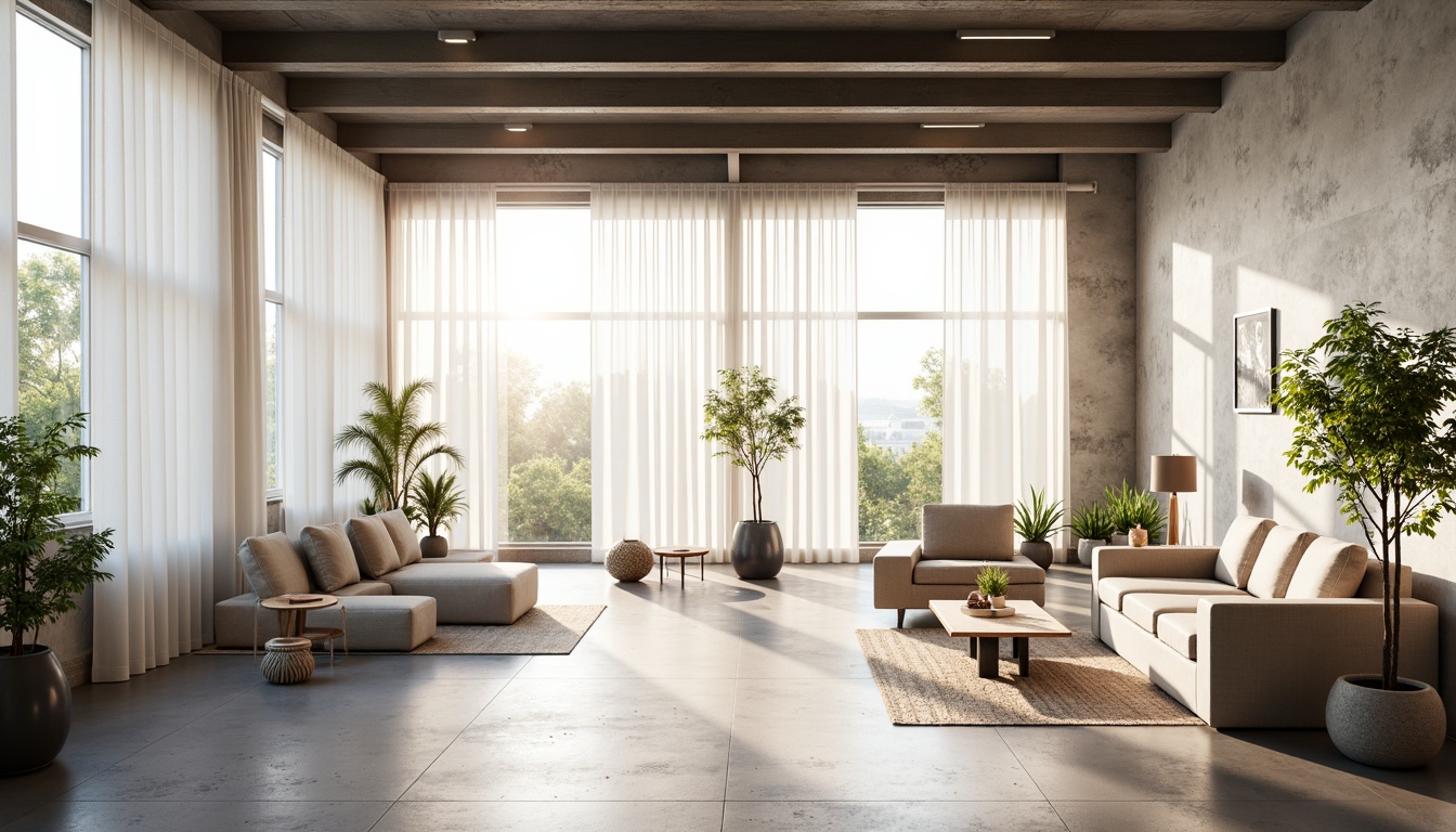 Prompt: Minimalist interior, neutral color palette, sparse furniture, abundant natural light, floor-to-ceiling windows, sheer white curtains, polished concrete floors, industrial metal beams, greenery accents, potted plants, soft warm glow, subtle shadows, 1/1 composition, shallow depth of field, realistic textures, ambient occlusion.