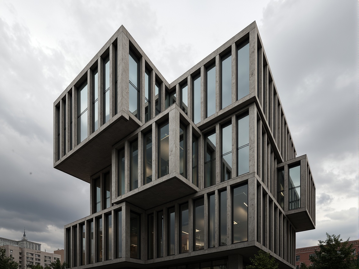 Prompt: Geometric building facade, angular lines, bold shapes, cantilevered structures, brutalist architecture, raw concrete textures, industrial metal frames, minimalist ornamentation, functional simplicity, urban cityscape, cloudy grey sky, dramatic shading, high-contrast lighting, 1/1 composition, symmetrical view, realistic materials, ambient occlusion.