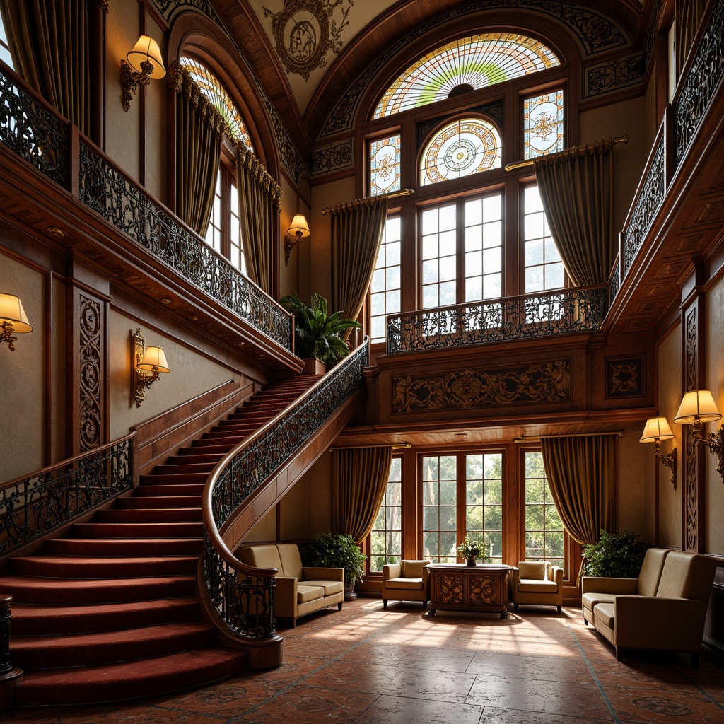 Prompt: Opulent Art Nouveau building, grand staircase, ornate metalwork, flowing curves, organic motifs, luxurious furnishings, velvet drapes, rich wood paneling, stained glass windows, intricate mosaics, golden accents, soft warm lighting, atmospheric ambiance, shallow depth of field, 1/1 composition, realistic textures, ambient occlusion.