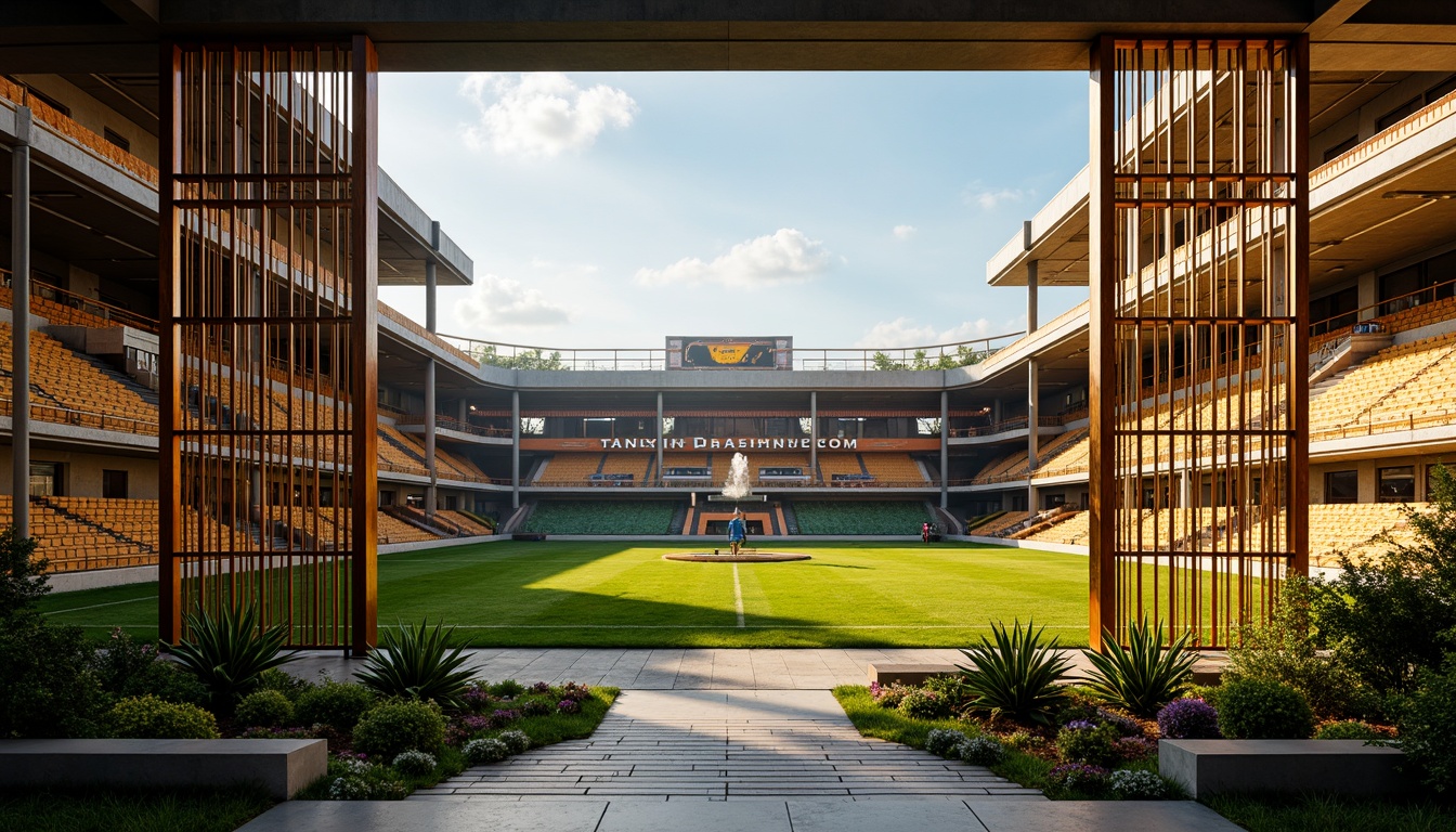 Prompt: Geometric football stadium, luxurious VIP areas, ornate bronze gates, symmetrical landscaping, lush green lawns, vibrant tropical plants, Art Deco patterns, zigzag motifs, bold typography, bright retro signage, sunken gardens, grand staircases, sleek metal railings, glamorous chandeliers, warm golden lighting, shallow depth of field, 1/1 composition, low-angle view, highly detailed textures, ambient occlusion.