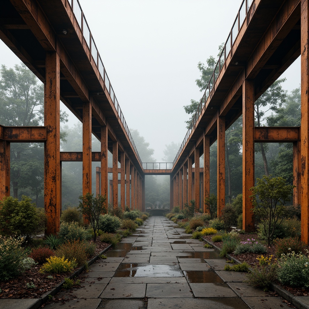 Prompt: Rustic steel bridges, industrial aesthetic, weathered metal textures, muted earth tones, warm beige colors, cool gray hues, vibrant orange accents, bold yellow highlights, natural stone surroundings, misty atmospheric effects, soft diffused lighting, low-key shadows, realistic rendering, cinematic composition, symmetrical framing.