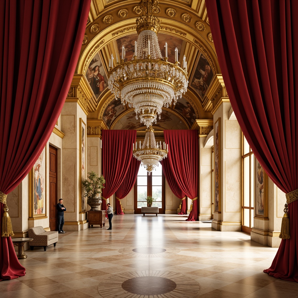 Prompt: Rich gold accents, ornate carvings, creamy marble surfaces, warm beige stone walls, grandiose columns, intricate frescoes, vibrant red velvet drapes, ornamental gilding, lavish crystal chandeliers, majestic high ceilings, dramatic spot lighting, soft warm glow, 3/4 composition, symmetrical layout, realistic textures, ambient occlusion.