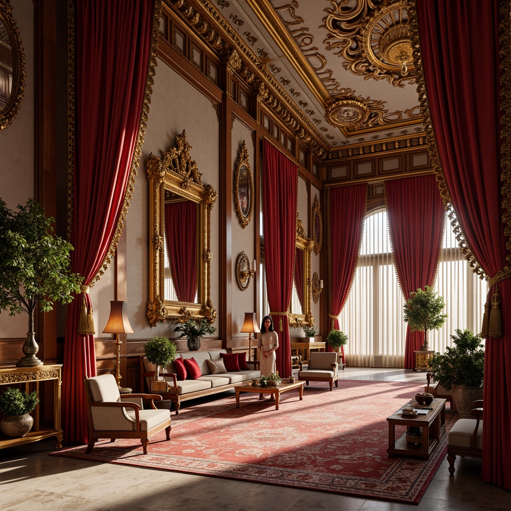 Prompt: Ornate palace, rich velvet drapes, gilded ornamental mirrors, intricately carved wooden furniture, luxurious marble floors, grand crystal chandeliers, opulent golden accents, lavish silk fabrics, dramatic curved lines, extravagant decorative patterns, vibrant jewel-toned colors, soft warm lighting, shallow depth of field, 2/3 composition, realistic textures, ambient occlusion.