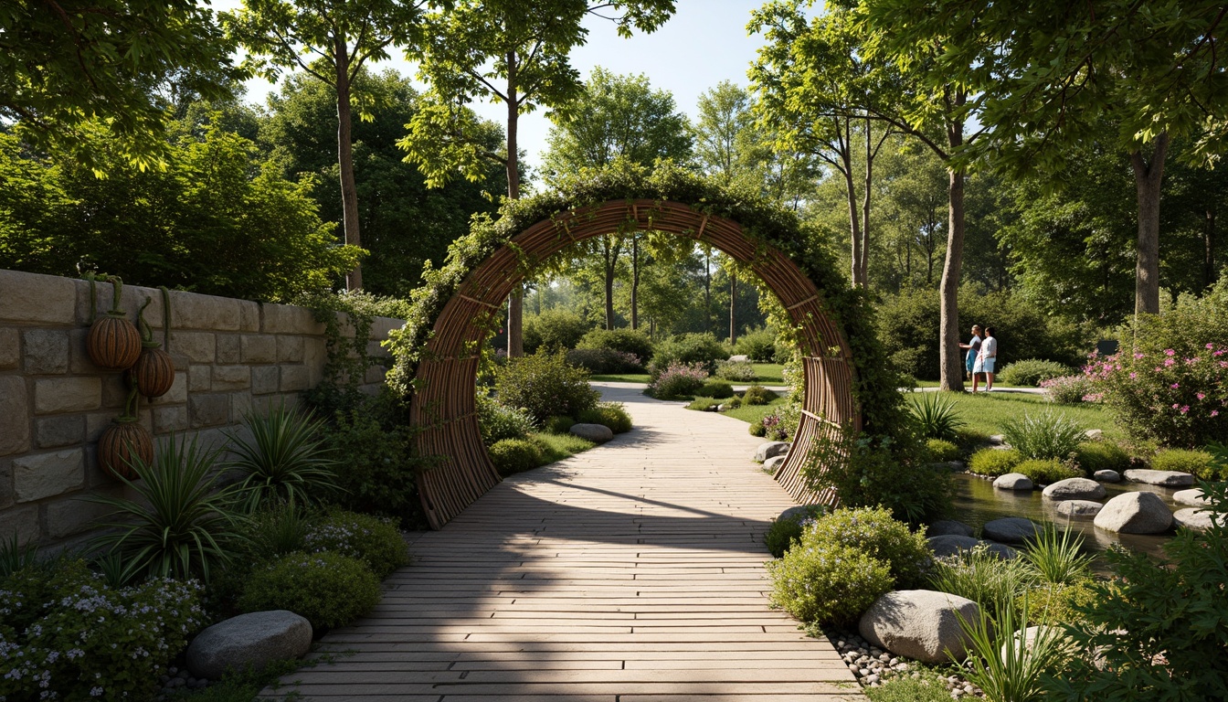 Prompt: Curved bridge silhouette, lush greenery overhangs, organic flowing lines, natural stone walls, wooden decking, rustic metal railings, suspended planters, trailing vines, blooming flowers, soft moss covers, gentle water features, serene river views, warm sunny day, high dynamic range, shallow depth of field, 3/4 composition, realistic textures, ambient occlusion.