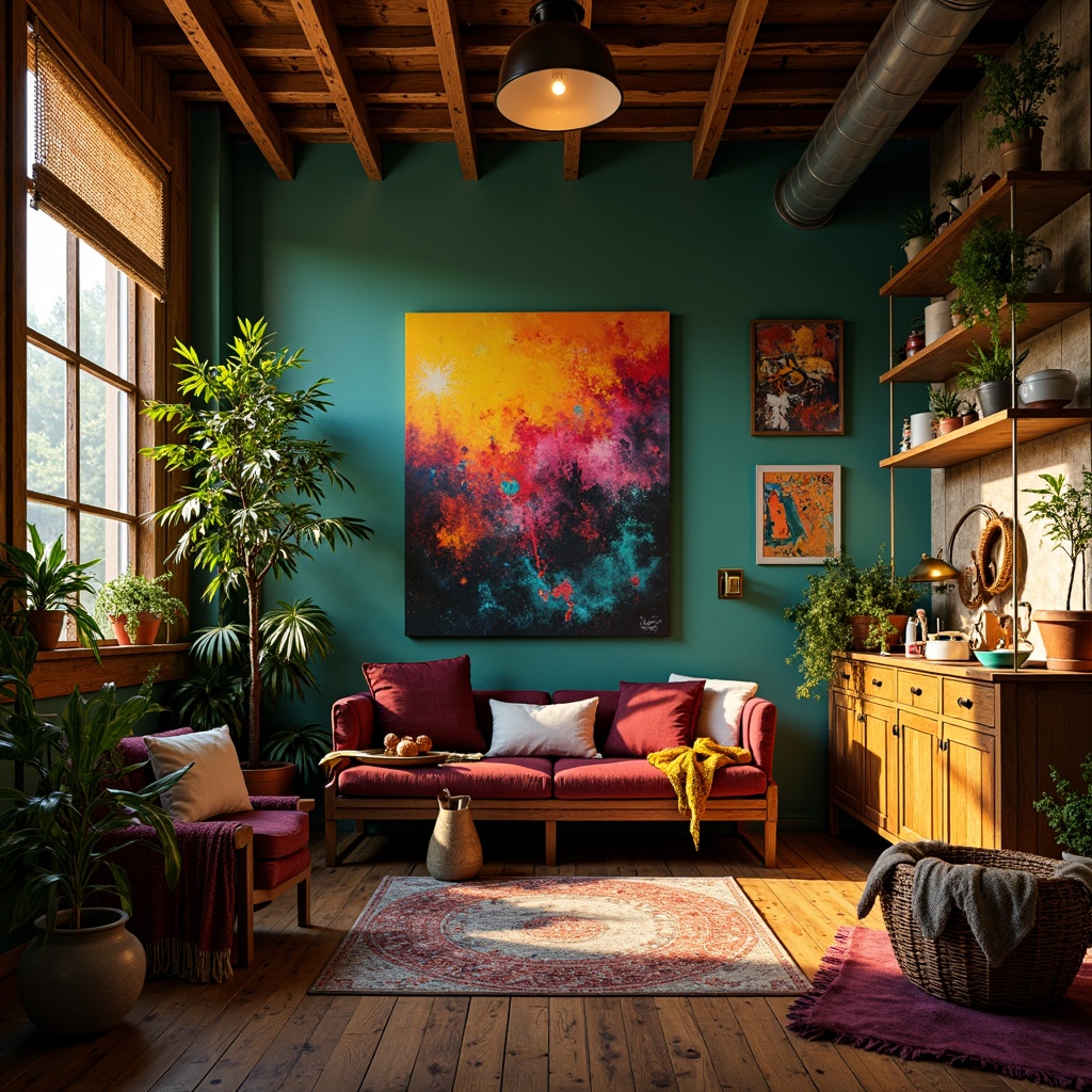 Prompt: Vibrant art studio, eclectic bohemian decor, rich jewel tones, warm golden lighting, abstract expressionist artwork, textured canvas, bold brushstrokes, moody atmospheric colors, deep plum reds, midnight blues, emerald greens, mustard yellows, distressed wood accents, industrial metal fixtures, reclaimed wooden floors, cozy plush furnishings, artistic freedom, creative chaos, 1/1 composition, soft focus, warm color grading.