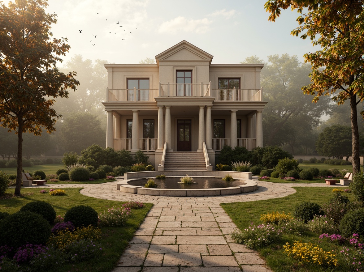 Prompt: Ornate rural manor, symmetrical facade, grand entrance, sweeping staircases, ornate balustrades, classical columns, rusticated stone walls, manicured gardens, fountain features, walking paths, serene countryside, soft misty morning, warm golden lighting, shallow depth of field, 1/1 composition, realistic textures, ambient occlusion.