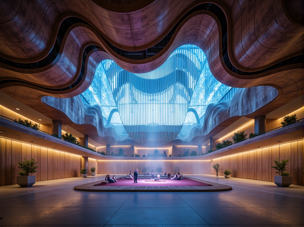 Prompt: Curvaceous concert hall, undulating organic shapes, blob-like architecture, smooth flowing lines, iridescent glass fa\u00e7ade, shimmering LED lights, futuristic ambiance, avant-garde design, experimental acoustic panels, reverberating sound waves, minimalist interior, polished concrete floors, tactile wood accents, atmospheric misting system, dreamy soft focus, ethereal ambient lighting, 1/2 composition, cinematic wide-angle shot, intricate geometric patterns, biomimetic forms, sustainable eco-friendly materials.