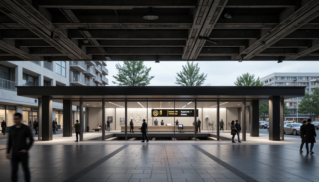 Prompt: Urban metro station, minimalist fa\u00e7ade design, clean lines, simple shapes, monochromatic color scheme, industrial materials, exposed concrete walls, steel beams, large glass windows, LED signage, modern typography, urban landscape, rush hour atmosphere, soft diffused lighting, shallow depth of field, 1/2 composition, symmetrical view, realistic textures, ambient occlusion.