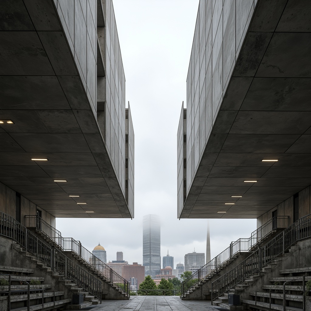 Prompt: Rugged brutalist stadium, exposed concrete structure, angular lines, monumental scale, raw unfinished textures, cantilevered stands, dramatic staircases, industrial metal railings, bold geometric shapes, functional simplicity, urban cityscape, overcast sky, high-contrast lighting, sharp shadows, 1-point perspective composition, symmetrical framing, atmospheric fog effect, gritty realistic rendering.