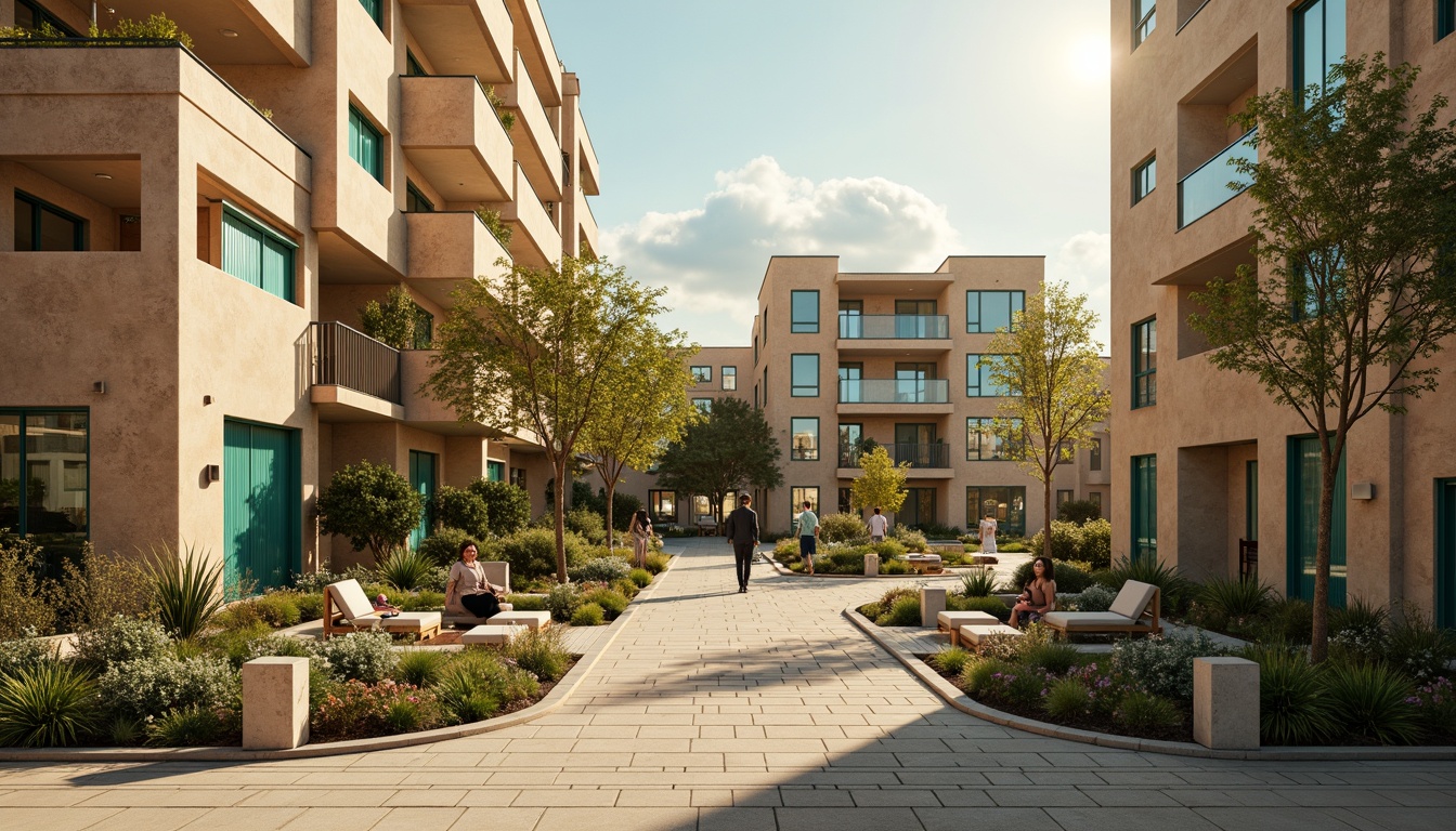 Prompt: Warm beige buildings, earthy tones, rustic stone walls, vibrant turquoise accents, lush greenery, natural wood textures, modern minimalist lines, sleek metal frames, floor-to-ceiling windows, warm golden lighting, shallow depth of field, 3/4 composition, panoramic view, realistic textures, ambient occlusion.