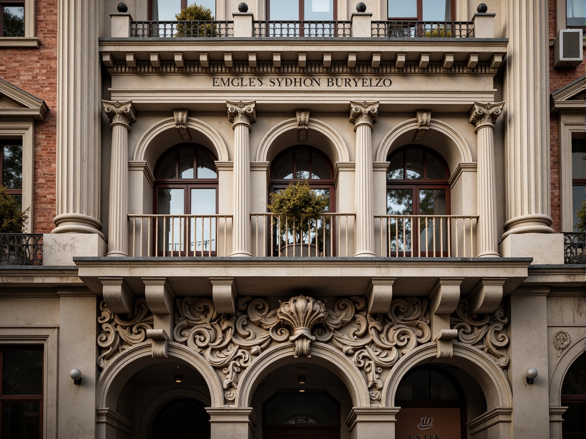 Prompt: Ornate neoclassical facade, grandiose columns, intricately carved details, symmetrical composition, ornamental moldings, rusticated base, arched windows, pilasters, entablatures, dentils, modillions, classic Greek-inspired motifs, subtle warm lighting, shallow depth of field, 1/2 composition, realistic textures, ambient occlusion.