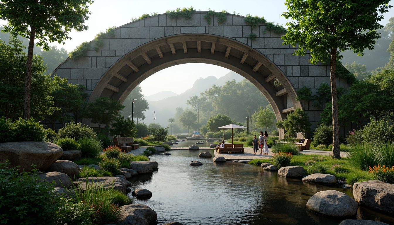 Prompt: Curved bridge silhouette, lush green vegetation, organic architecture, natural stone foundations, wooden railings, lantern-inspired lighting, serene water flow, misty atmosphere, soft morning light, shallow depth of field, 1/1 composition, realistic textures, ambient occlusion, verdant hillsides, meandering pathways, rustic wooden benches, vibrant floral arrangements, subtle waterfall sounds.