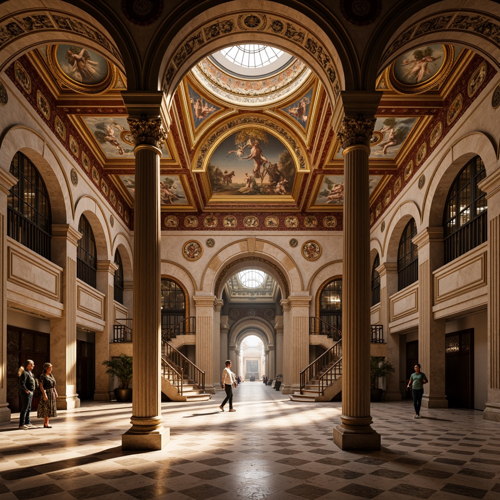 Prompt: Ornate column capitals, grandiose entranceways, dramatic arches, opulent frescoes, lavish gilded details, richly patterned marble floors, ornamental cornices, sweeping staircases, majestic domes, symmetrical facades, imposing stone walls, rustic brick textures, warm golden lighting, high contrast shading, 1/1 composition, dramatic focal point, realistic material renderings.