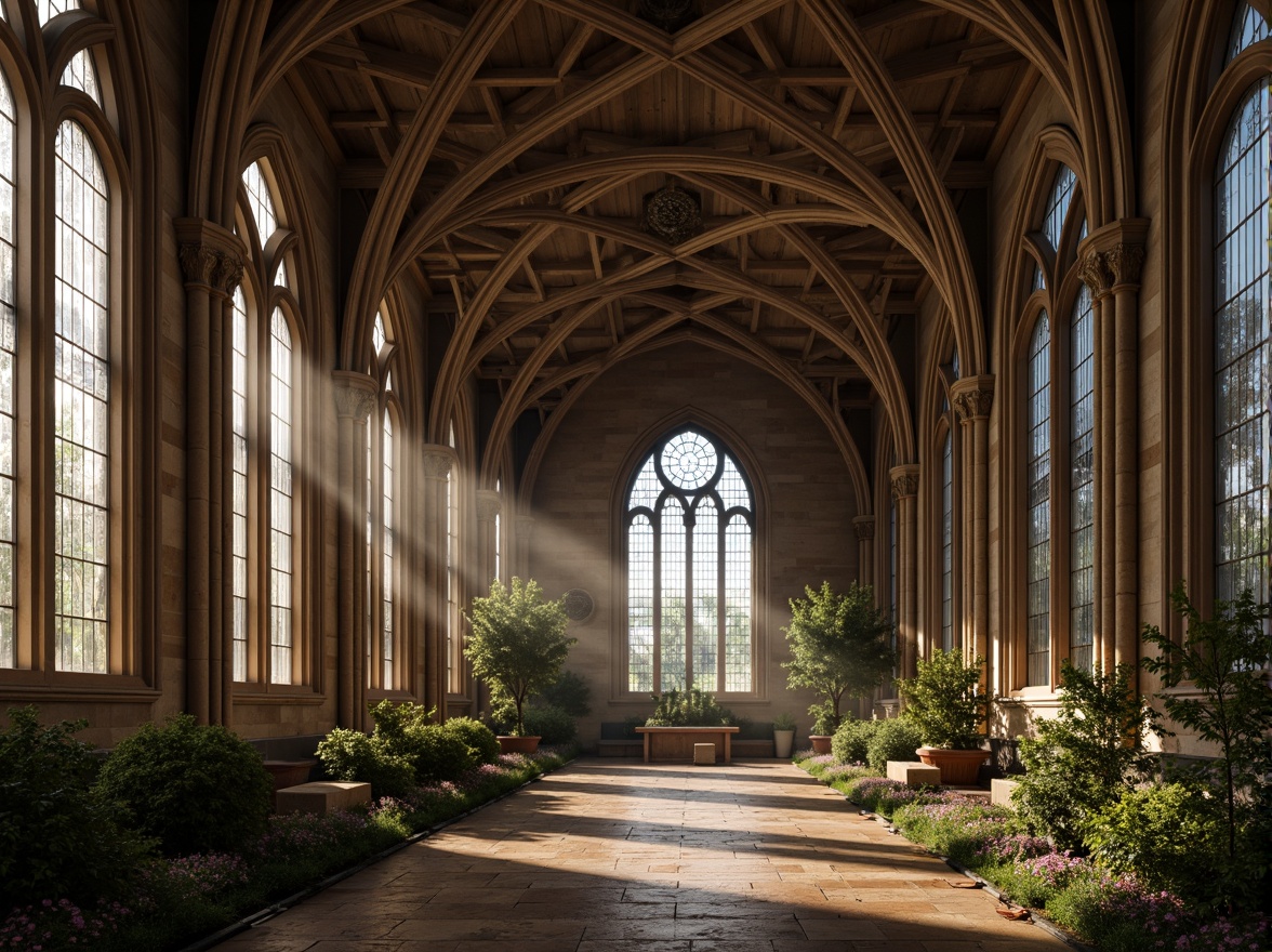 Prompt: Undulating arches, sacred spaces, ornate carvings, stained glass windows, vaulted ceilings, ribbed domes, Gothic Revival influences, organic stone textures, intricate mosaics, soft warm lighting, atmospheric fog, dramatic shadows, high contrast ratio, symmetrical composition, 1/2 perspective, natural material palette, earthy tones, moss-covered walls, overgrown vegetation, serene ambiance, peaceful atmosphere.