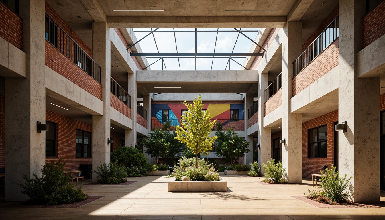 Prompt: Rustic high school building, exposed brick fa\u00e7ade, raw concrete columns, metallic beams, industrial-style lighting fixtures, polished wooden floors, minimalist interior design, abundant natural light, clerestory windows, open-air courtyard, lush greenery, vibrant street art murals, eclectic mix of textures, brutalist-inspired structures, functional simplicity, earthy color palette, warm atmospheric lighting, shallow depth of field, 1/1 composition, realistic material rendering.