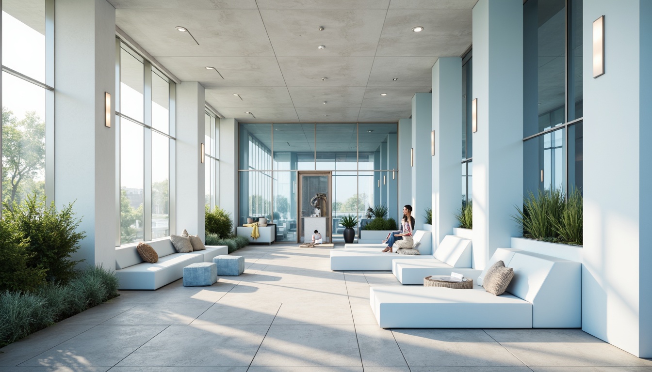 Prompt: Soothing baby blue accents, creamy white walls, soft gray concrete floors, minimalist modern architecture, sleek glass facades, subtle texture contrasts, calming ambiance, natural light pouring in, airy open spaces, comfortable seating areas, cozy reading nooks, gentle color transitions, serene atmosphere, shallow depth of field, 1/1 composition, realistic reflections, ambient occlusion.