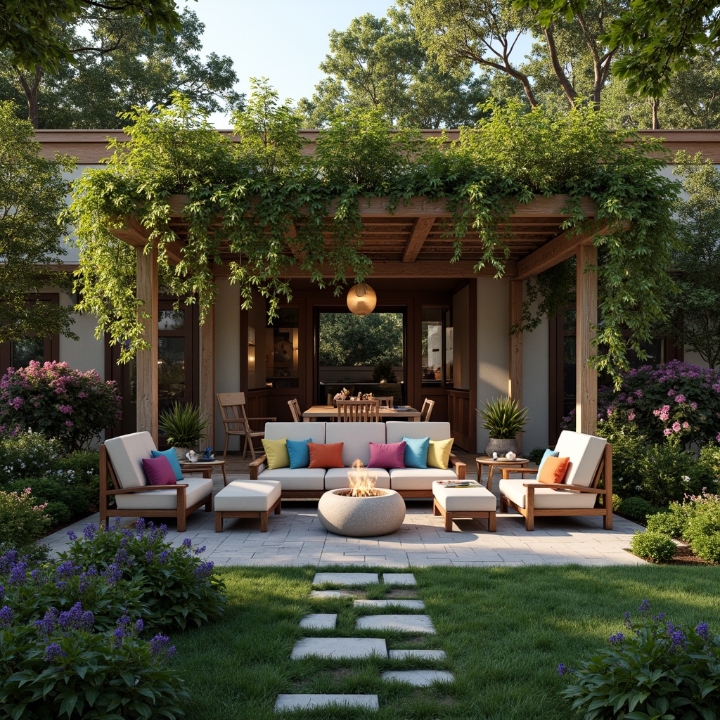 Prompt: Inviting backyard patio, lush green grass, blooming flowers, comfortable outdoor furniture, rustic wooden pergola, soft warm lighting, cozy fire pit, natural stone pathways, vibrant colorful cushions, eclectic decorative accents, serene ambiance, shallow depth of field, 3/4 composition, panoramic view, realistic textures, ambient occlusion.