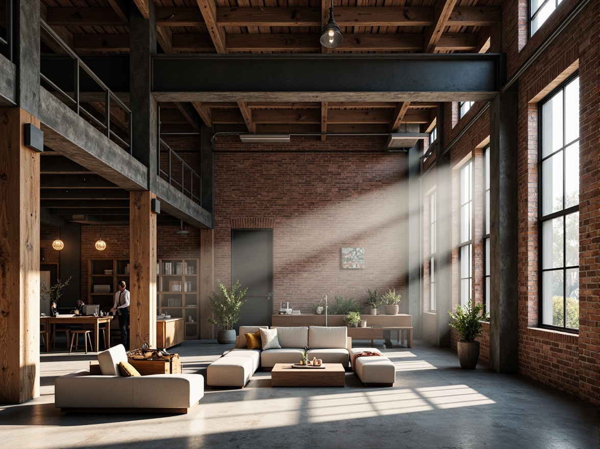 Prompt: Industrial-era factory, exposed brick walls, steel beams, reclaimed wood accents, polished concrete floors, minimalist decor, functional simplicity, clean lines, rectangular forms, primary color palette, bold typography, modernist aesthetics, natural light pouring, industrial-style lighting fixtures, metal grids, geometric patterns, rational design principles, emphasis on function over form, raw material expression, brutalist architecture influences, 1/1 composition, high contrast ratio, dramatic shadows, cinematic lighting.