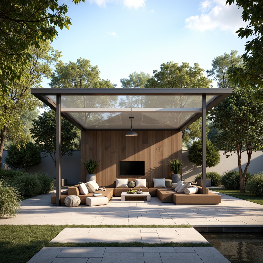 Prompt: Minimalist pavilion, sleek metal framework, transparent glass roof, natural stone flooring, subtle LED lighting, soft diffused shadows, minimalist furniture, sparse greenery, calm atmosphere, warm sunny day, shallow depth of field, 1/1 composition, realistic textures, ambient occlusion, subtle reflection, gentle breeze, rustling leaves, serene ambiance.