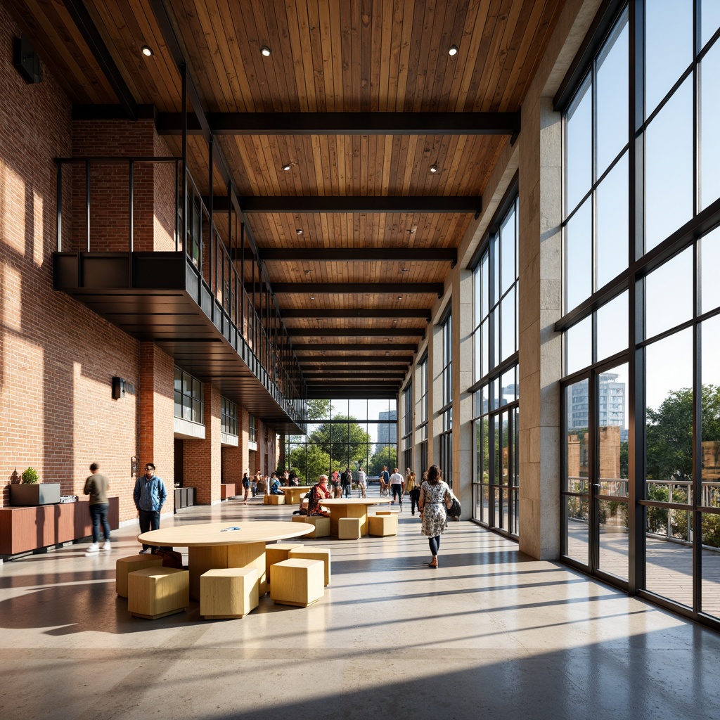 Prompt: Rustic high school building, exposed brick facade, steel beams, wooden accents, industrial chic aesthetic, polished concrete floors, minimalist decor, natural light-filled corridors, open ceiling structures, functional layout, collaborative learning spaces, modern ergonomic furniture, eco-friendly materials, recycled metal panels, low-maintenance surfaces, durable finishes, vibrant color schemes, geometric patterns, abstract murals, urban landscape views, sunny day, soft warm lighting, shallow depth of field, 3/4 composition, panoramic view, realistic textures, ambient occlusion.