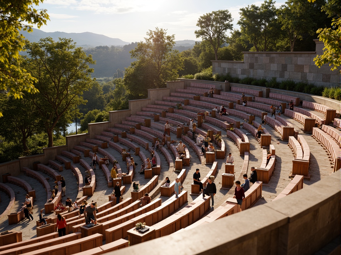 Prompt: Tiered seating, curved rows, gradient-colored seats, wooden or metal frames, ornate handrails, grand amphitheater architecture, natural stone walls, lush greenery, open-air performance space, sunny day, soft warm lighting, shallow depth of field, 3/4 composition, panoramic view, realistic textures, ambient occlusion.