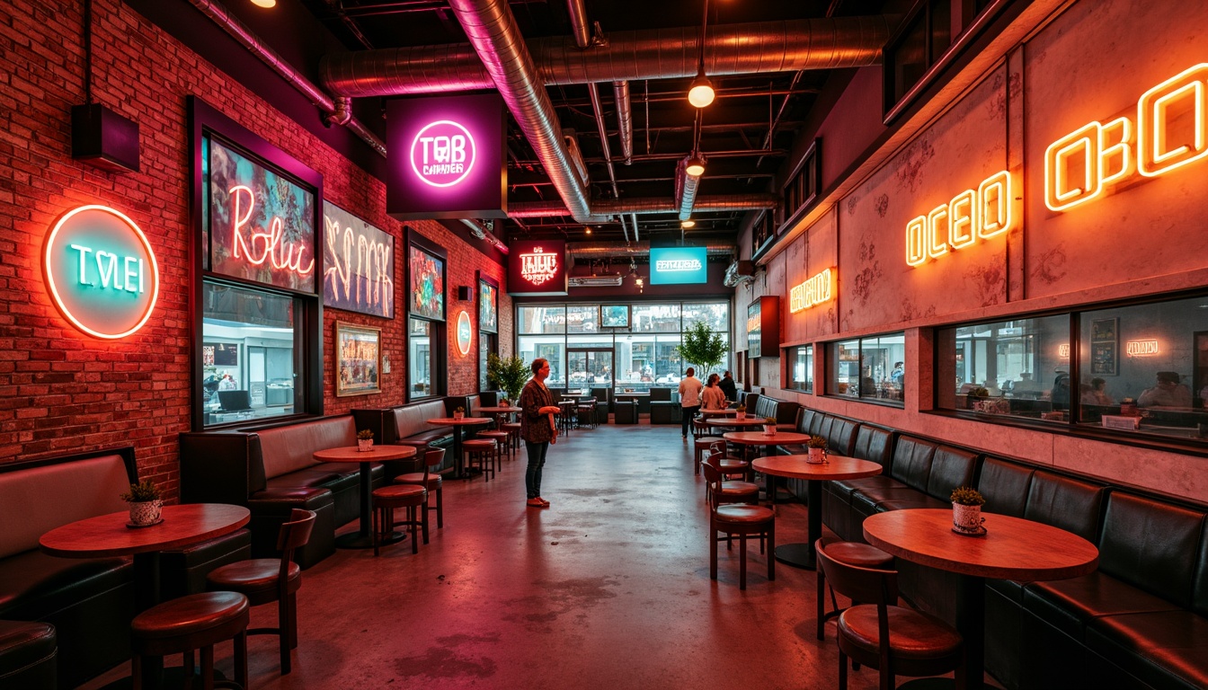 Prompt: Vibrant neon signs, retro-futuristic architecture, distressed brick walls, eclectic mix of materials, bold geometric patterns, bright pastel hues, iridescent glass tiles, metallic accents, worn-out industrial textures, nostalgic 80s vibe, warm golden lighting, shallow depth of field, 1/1 composition, cinematic atmosphere, moody shadows, abstract expressionist art pieces.