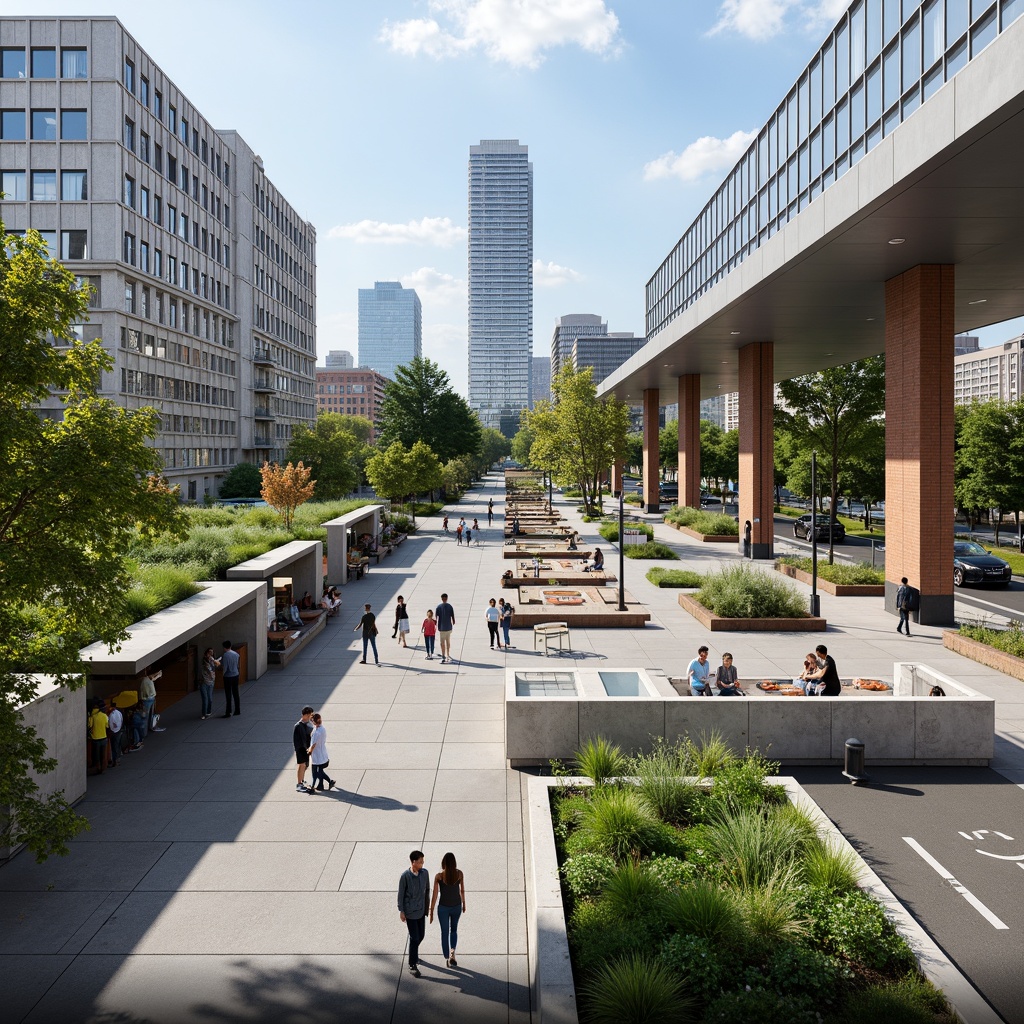 Prompt: Vibrant urban plaza, lush green roofs, natural stone walls, modern bus station architecture, large glass fa\u00e7ades, cantilevered canopies, sleek metal columns, integrated public art installations, pedestrian-friendly walkways, bike lanes, street furniture, urban trees, dynamic lighting systems, shallow depth of field, 1/1 composition, panoramic view, realistic textures, ambient occlusion.